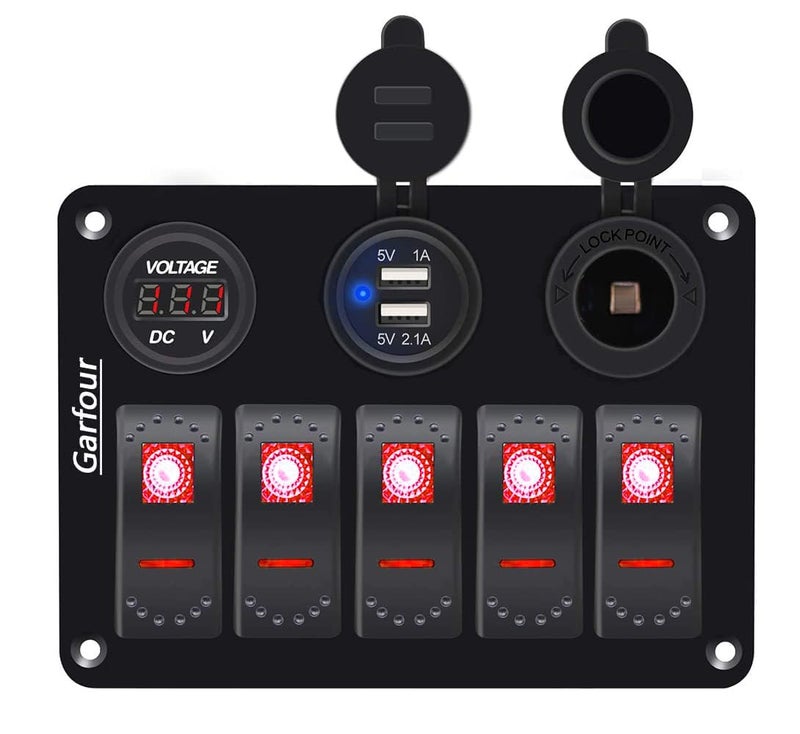 Garfour Red 5 Gang Marine Switch Panel - Waterproof Boat Switch Panel with 3.1A Dual USB, LED Voltmeter & Cigarette Lighter Socket for Boats, Trucks, RVs, SUVs - Image 1